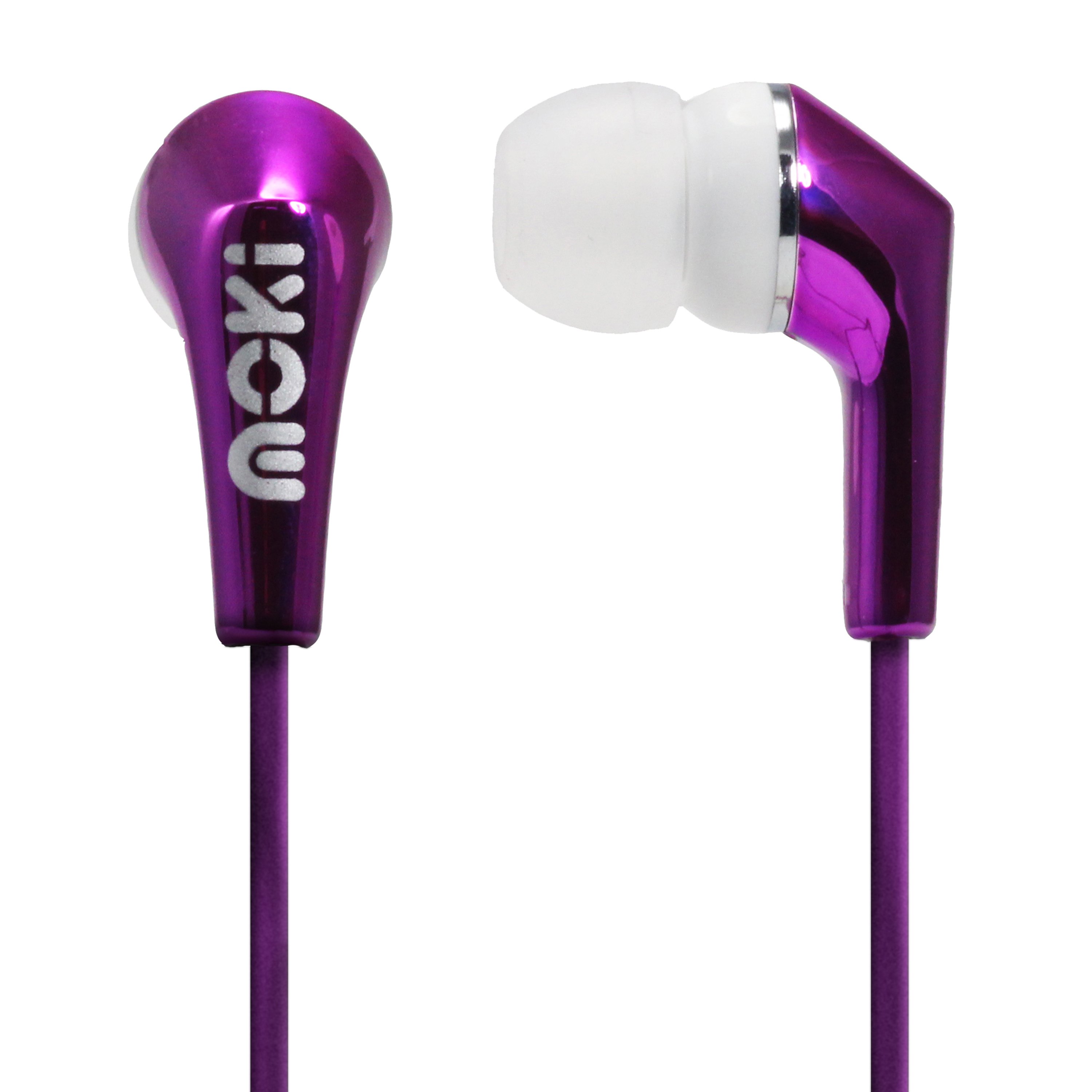 MOKI Metallics Earphone in Pink with a vibrant metallic finish and soft silicone ear tips for comfort and noise isolation.